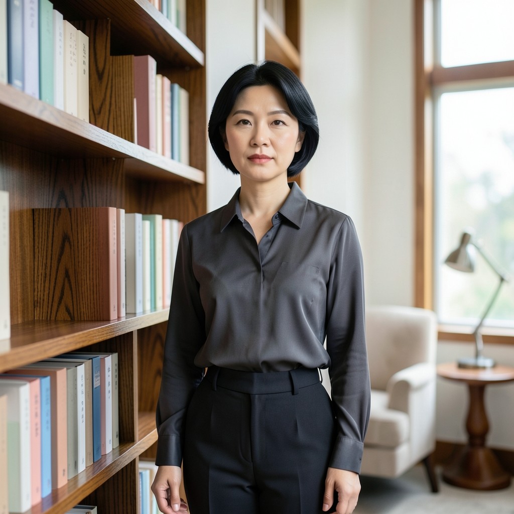 Portrait of a woman in a charcoal blouse standing beside bookshelves in a reading room