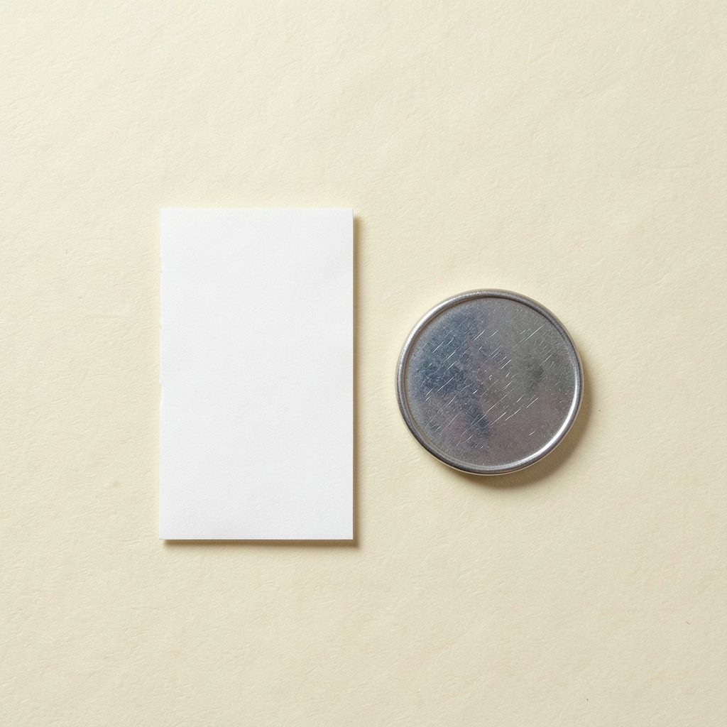 A blank paper ticket stub and a plain metal disc on warm paper