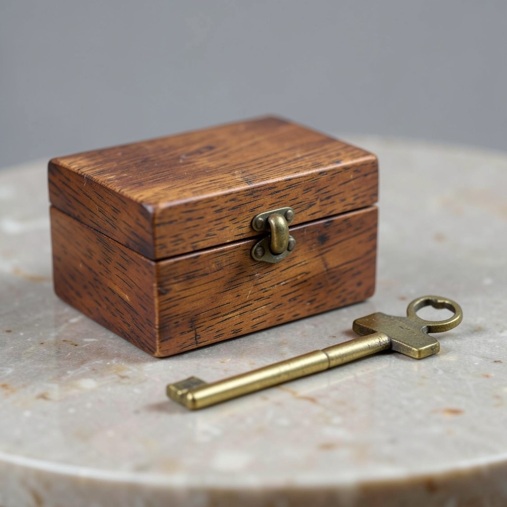 A small locked wooden box and a separate brass key on a stone surface