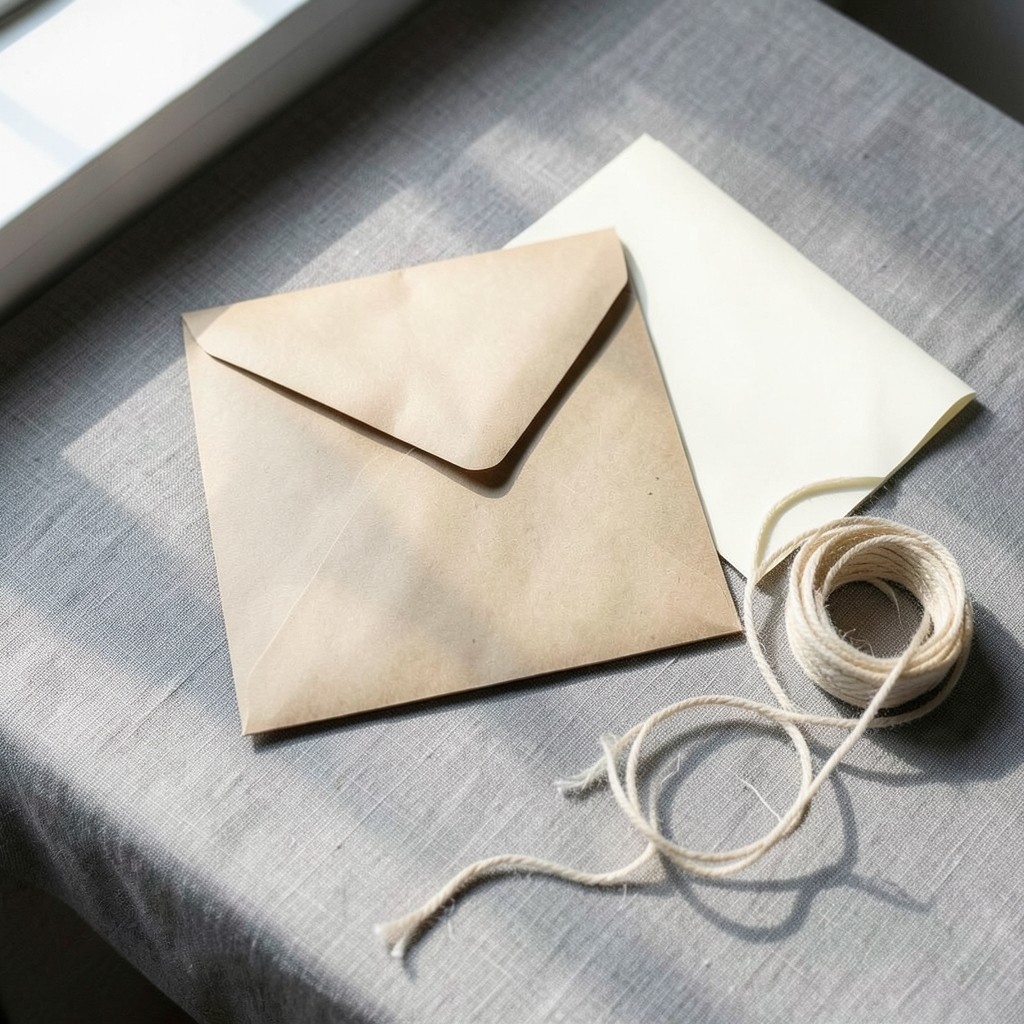 A blank kraft envelope, cotton string, and a folded cream sheet on a linen desk