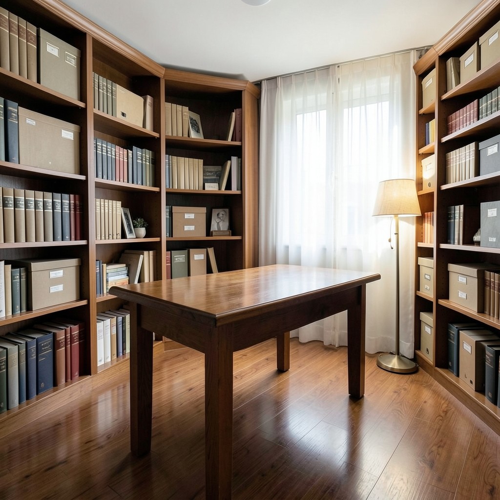 A compact private library with wooden shelves, archival boxes, and a central oak table
