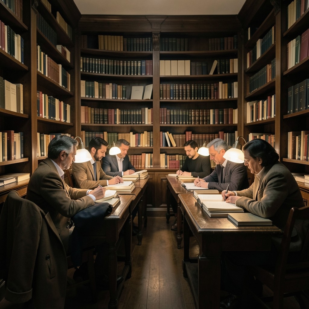 Five adults in a small library at evening, with desk lamps and stacked notebooks