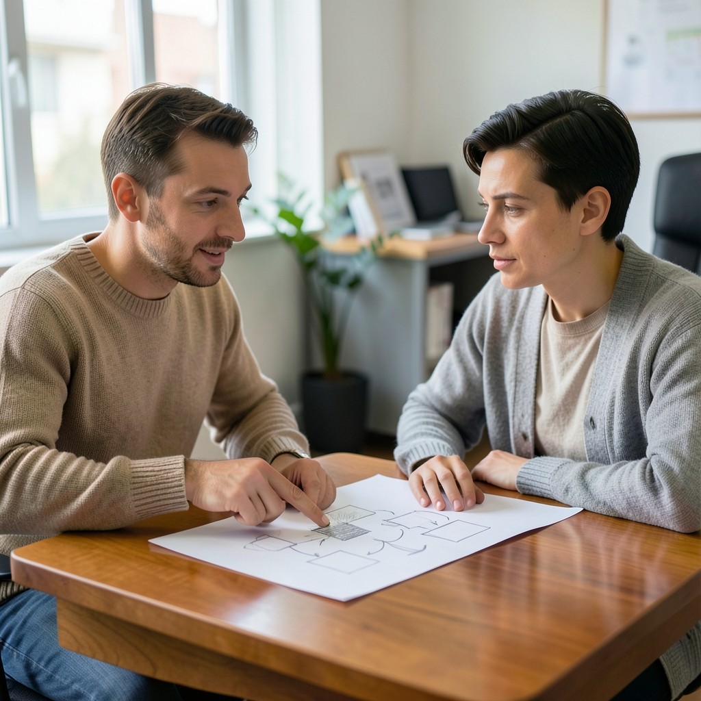 Two people at a small desk reviewing a pencil diagram of boxes and arrows
