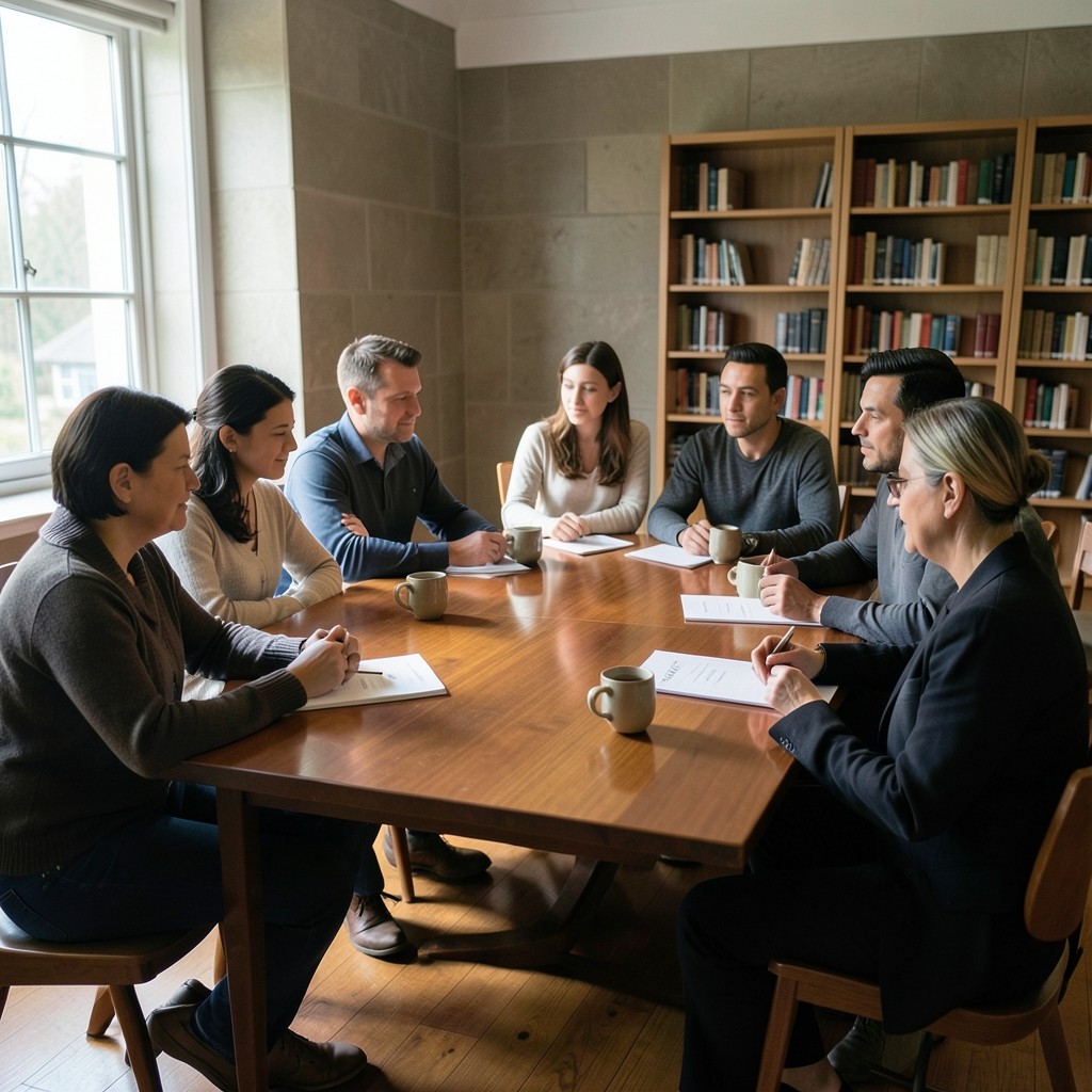 Adults seated around a long table with closed booklets during a daytime study sitting